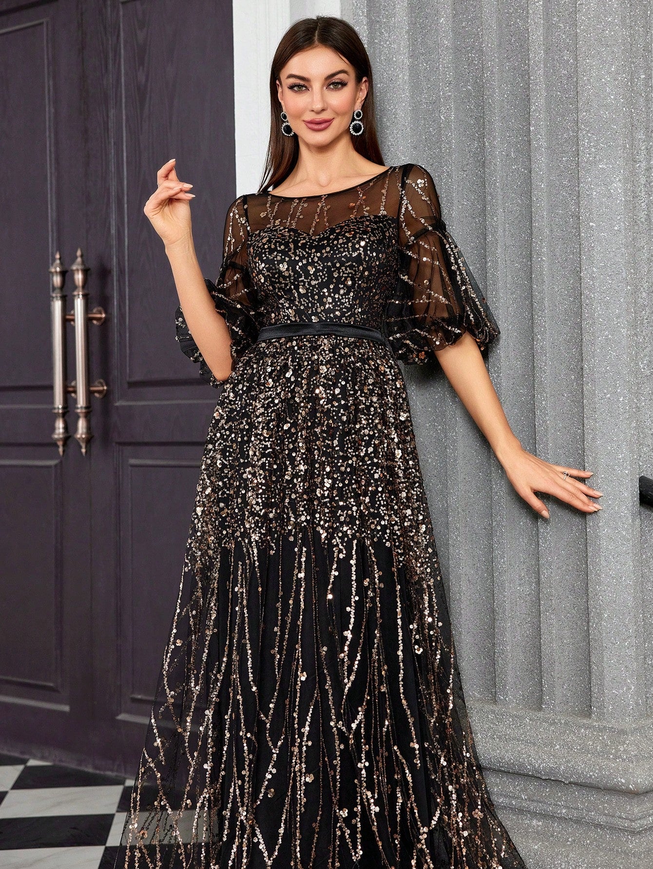 Round Neck Half-See-Through Glitter Puff Sleeve Dress Elegant Prom Semi Formal Wedding Guest Dress, For Birthday, Graduation, Homecoming Party Dress