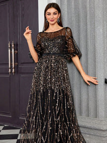 Round Neck Half-See-Through Glitter Puff Sleeve Dress Elegant Prom Semi Formal Wedding Guest Dress, For Birthday, Graduation, Homecoming Party Dress
