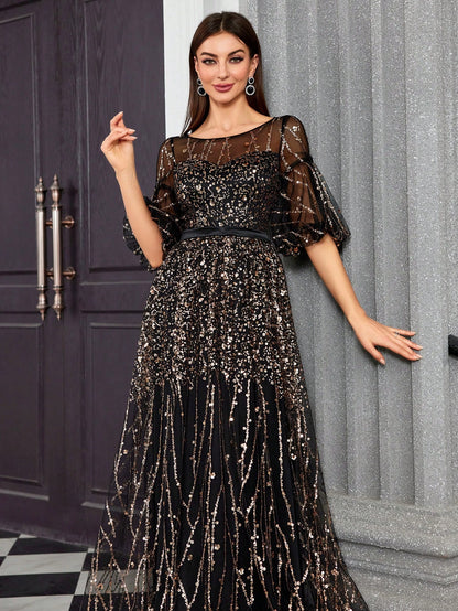 Round Neck Half-See-Through Glitter Puff Sleeve Dress Elegant Prom Semi Formal Wedding Guest Dress, For Birthday, Graduation, Homecoming Party Dress