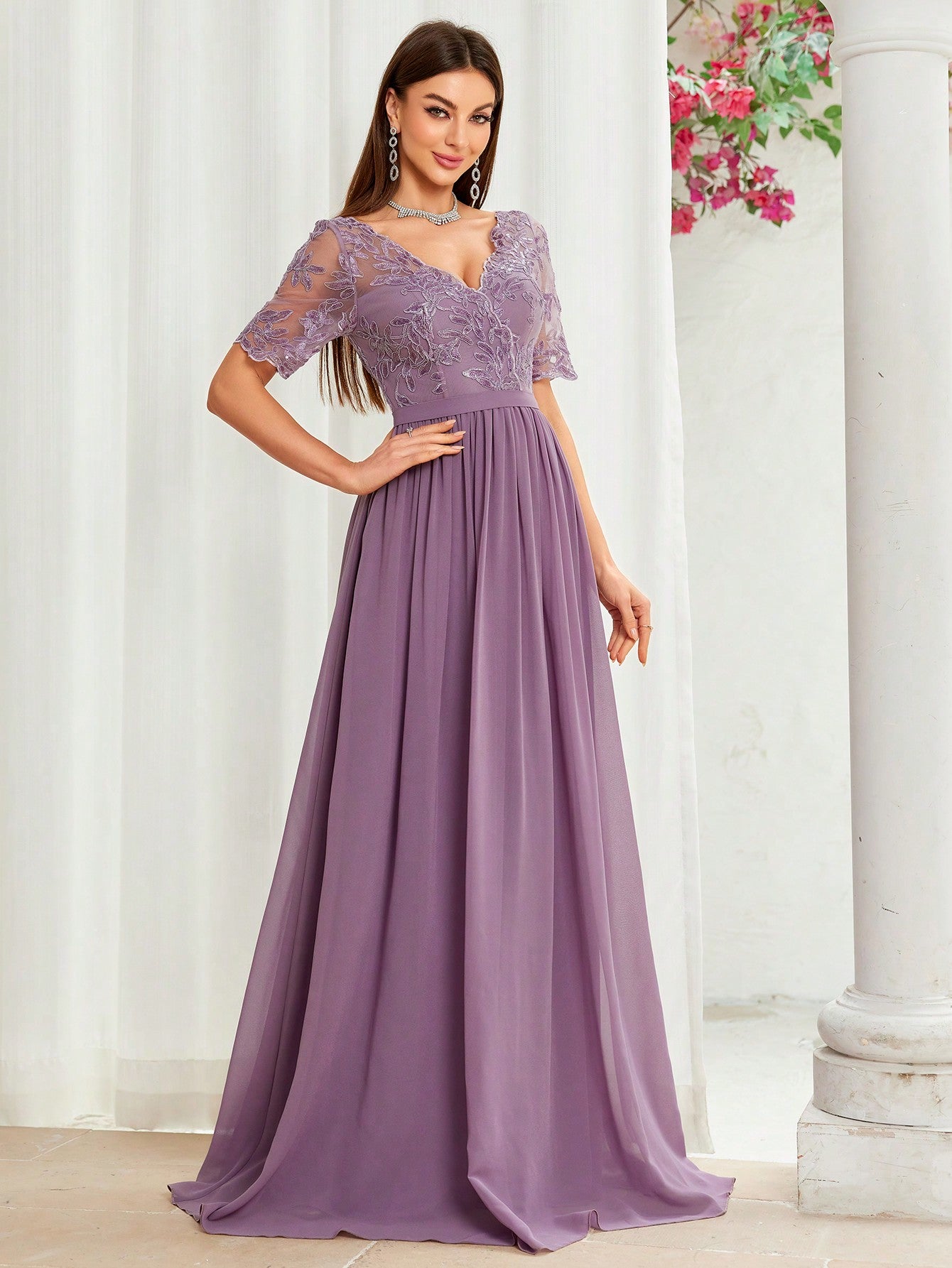 V-Neck Embroidered Lace Cross & Asymmetrical Hem Short Sleeve Splicing Chiffon Dress, Bridesmaid Dress