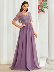 V-Neck Embroidered Lace Cross & Asymmetrical Hem Short Sleeve Splicing Chiffon Dress, Bridesmaid Dress