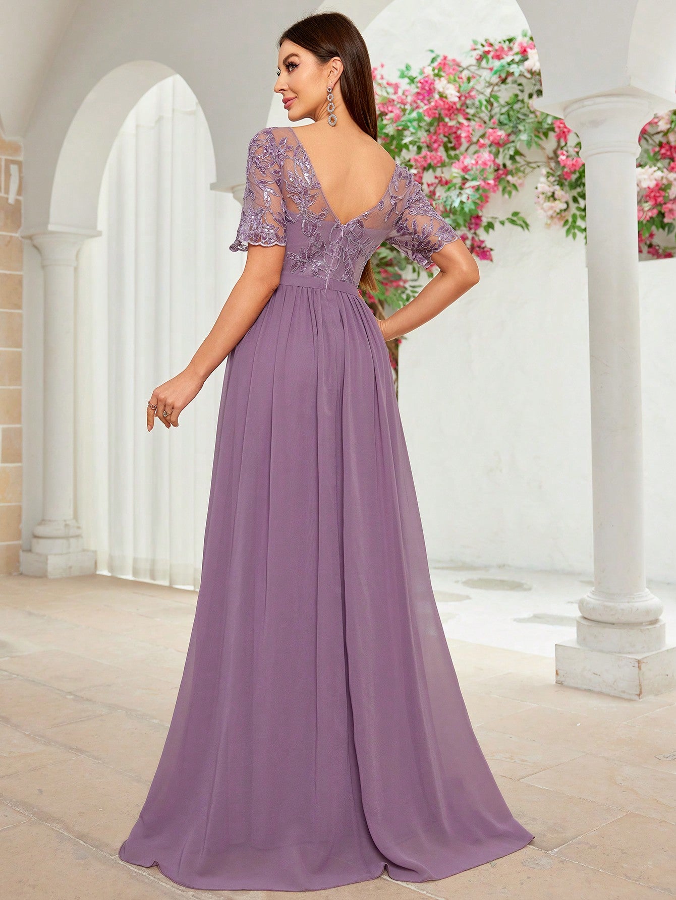 V-Neck Embroidered Lace Cross & Asymmetrical Hem Short Sleeve Splicing Chiffon Dress, Bridesmaid Dress