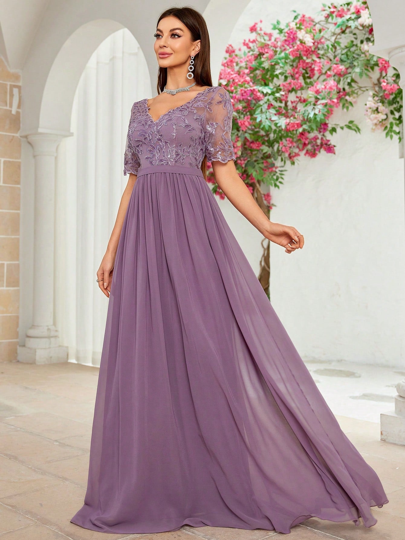 V-Neck Embroidered Lace Cross & Asymmetrical Hem Short Sleeve Splicing Chiffon Dress, Bridesmaid Dress