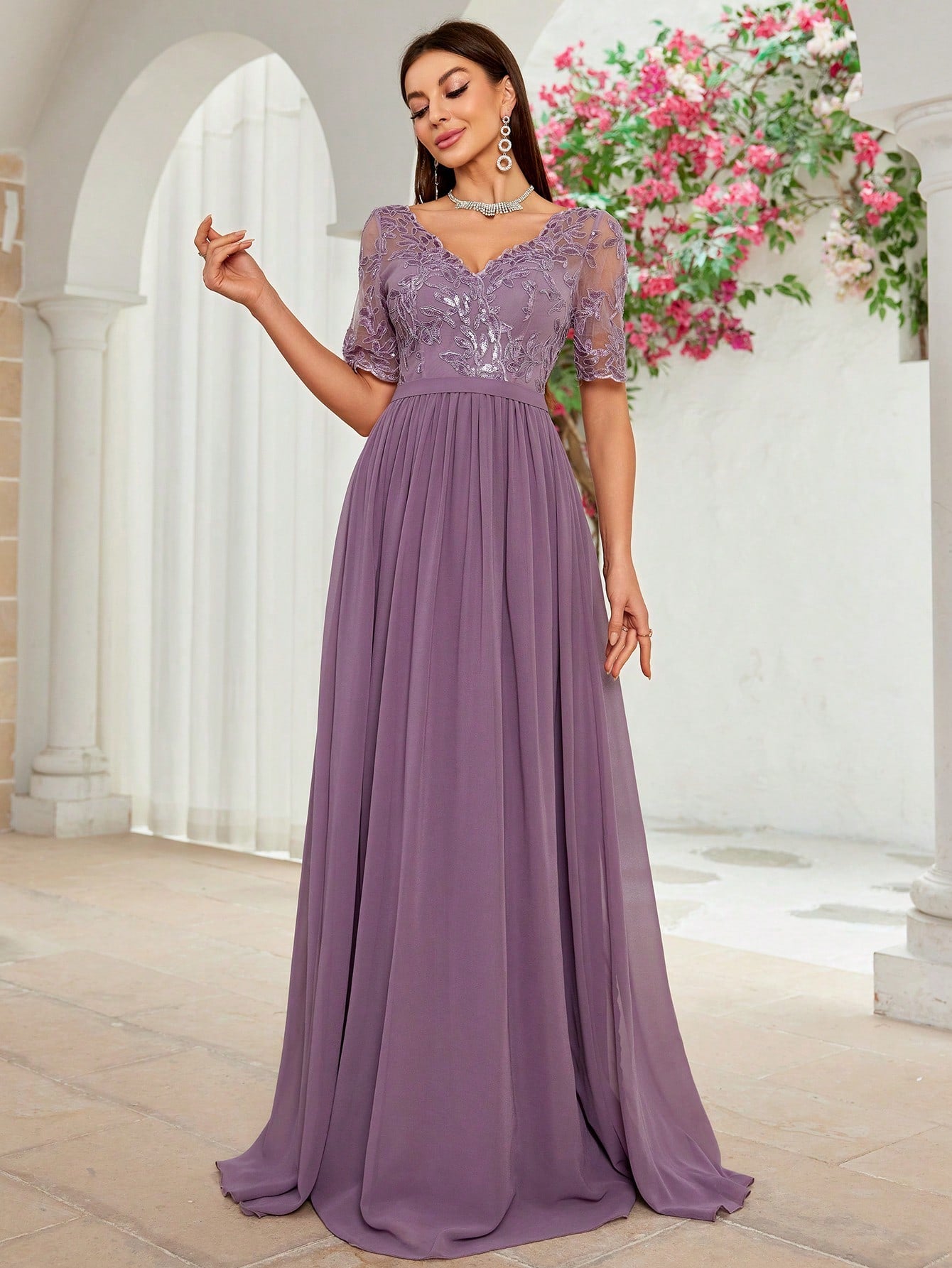 V-Neck Embroidered Lace Cross & Asymmetrical Hem Short Sleeve Splicing Chiffon Dress, Bridesmaid Dress