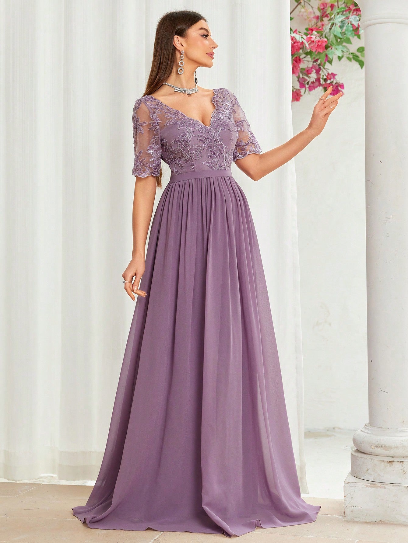 V-Neck Embroidered Lace Cross & Asymmetrical Hem Short Sleeve Splicing Chiffon Dress, Bridesmaid Dress