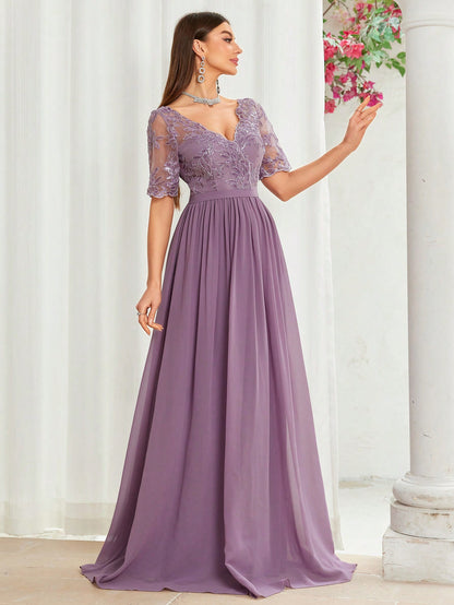 V-Neck Embroidered Lace Cross & Asymmetrical Hem Short Sleeve Splicing Chiffon Dress, Bridesmaid Dress