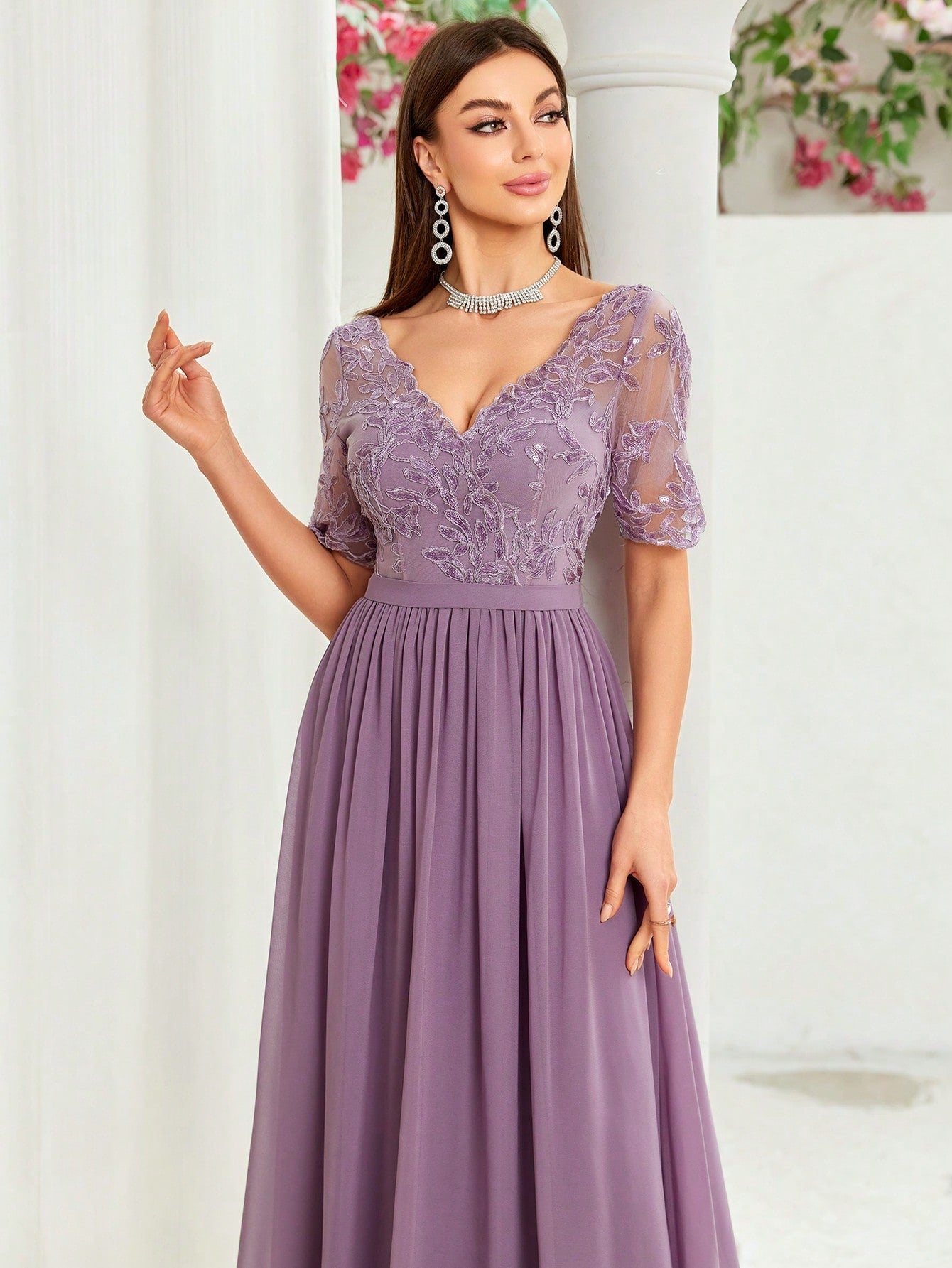V-Neck Embroidered Lace Cross & Asymmetrical Hem Short Sleeve Splicing Chiffon Dress, Bridesmaid Dress