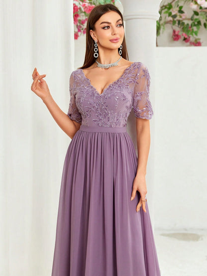 V-Neck Embroidered Lace Cross & Asymmetrical Hem Short Sleeve Splicing Chiffon Dress, Bridesmaid Dress