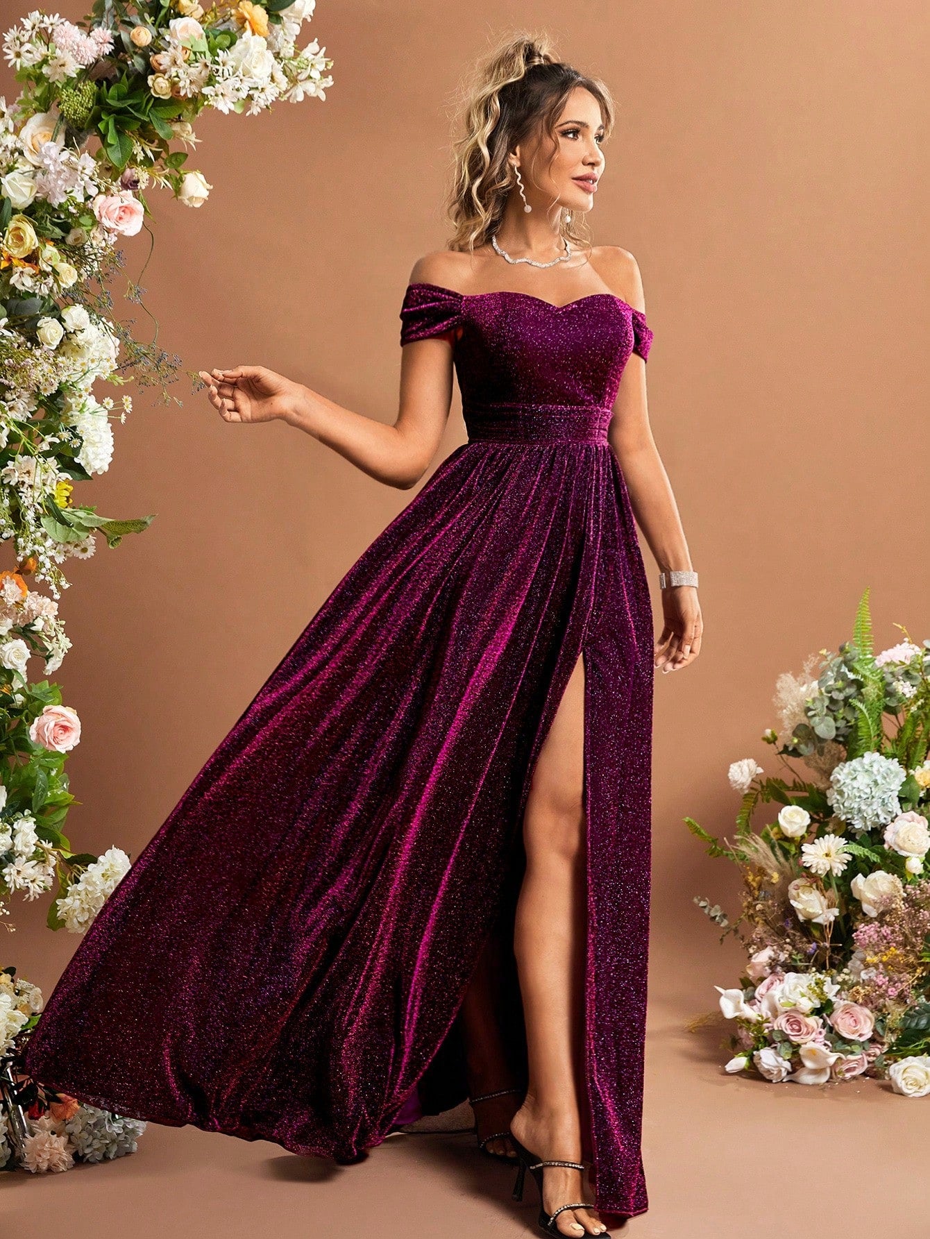 Lady's Glittering One-Sleeve High-Arc Back Bridal Gown For Adults Wedding Party