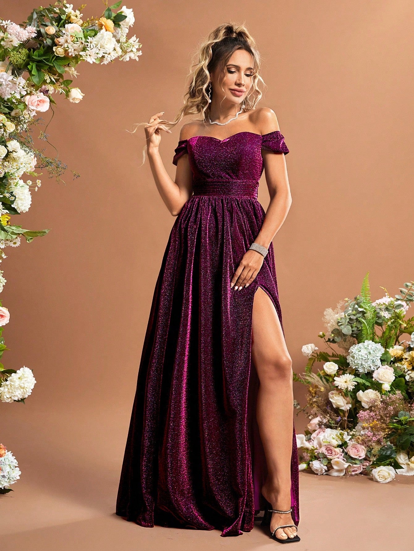 Lady's Glittering One-Sleeve High-Arc Back Bridal Gown For Adults Wedding Party