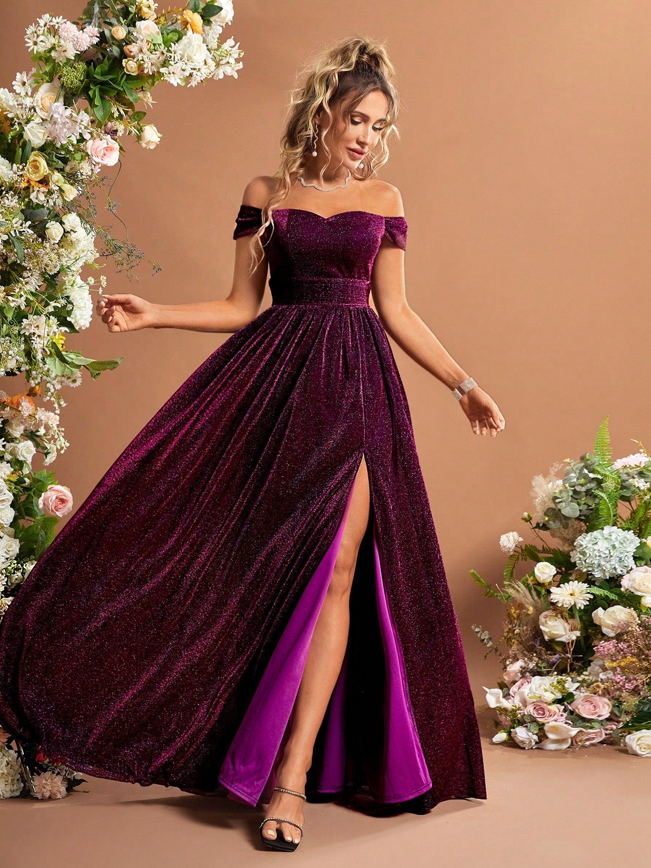 Lady's Glittering One-Sleeve High-Arc Back Bridal Gown For Adults Wedding Party