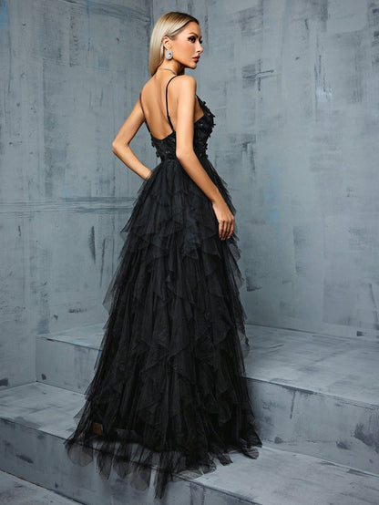 Elegant Summer Dusty Blue Tulle Maxi Gown,3D Floral Spaghetti Strap V-Neck Ruffle Slit Evening Prom Wedding Bridesmaid Cocktail Formal Party