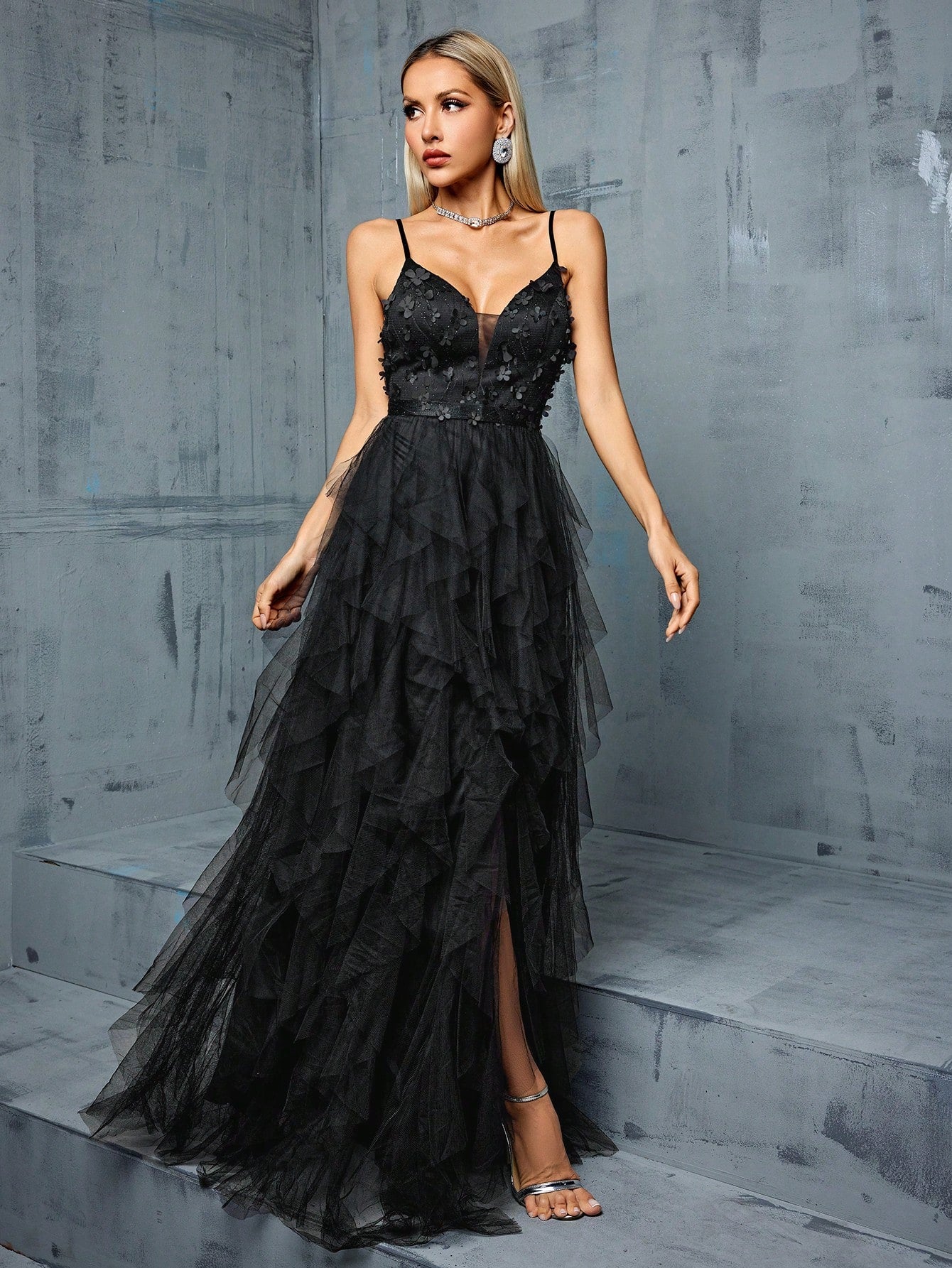 Elegant Summer Dusty Blue Tulle Maxi Gown,3D Floral Spaghetti Strap V-Neck Ruffle Slit Evening Prom Wedding Bridesmaid Cocktail Formal Party