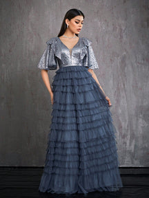 V-Neck Pearl Embellished Ruffle Sleeve Mesh Patchwork Cake Skirt High-End Evening Dress