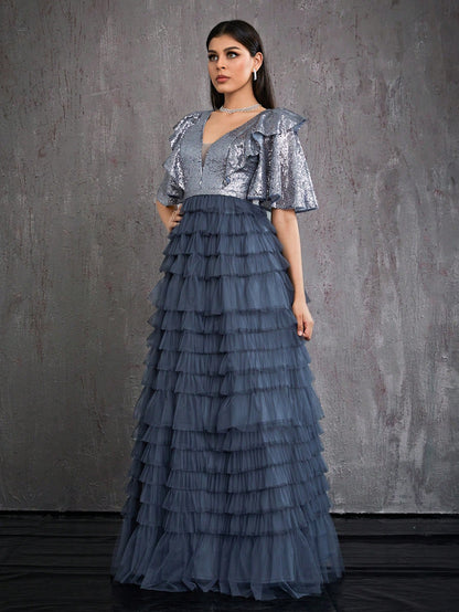 V-Neck Pearl Embellished Ruffle Sleeve Mesh Patchwork Cake Skirt High-End Evening Dress