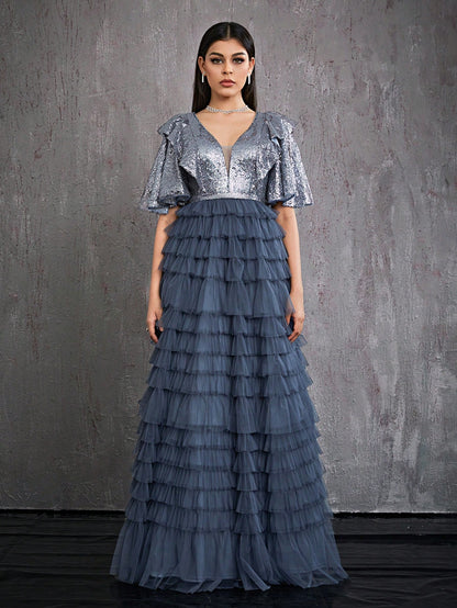 V-Neck Pearl Embellished Ruffle Sleeve Mesh Patchwork Cake Skirt High-End Evening Dress