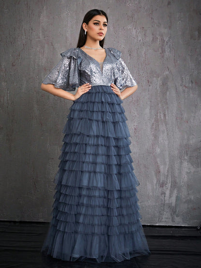 V-Neck Pearl Embellished Ruffle Sleeve Mesh Patchwork Cake Skirt High-End Evening Dress