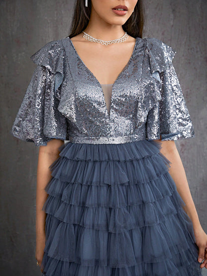 V-Neck Pearl Embellished Ruffle Sleeve Mesh Patchwork Cake Skirt High-End Evening Dress