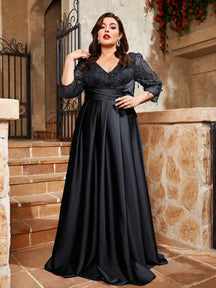Plus Size Elegant V-Neck Floral Embroidered Patchwork Satin Handmade Pleated Bridesmaid Dress