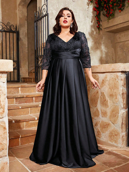 Plus Size Elegant V-Neck Floral Embroidered Patchwork Satin Handmade Pleated Bridesmaid Dress