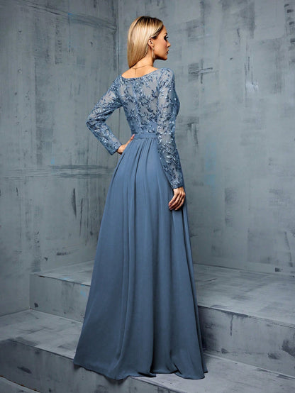 Solid-Color V-Neck Netted Blended Elegant Long-Sleeved Women's Formal Evening Dress Wedding