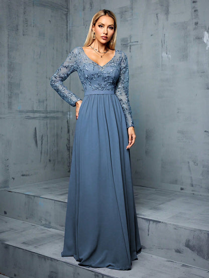 Solid-Color V-Neck Netted Blended Elegant Long-Sleeved Women's Formal Evening Dress Wedding