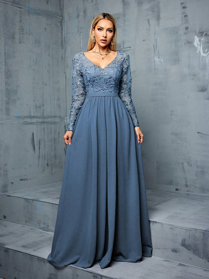Solid-Color V-Neck Netted Blended Elegant Long-Sleeved Women's Formal Evening Dress Wedding