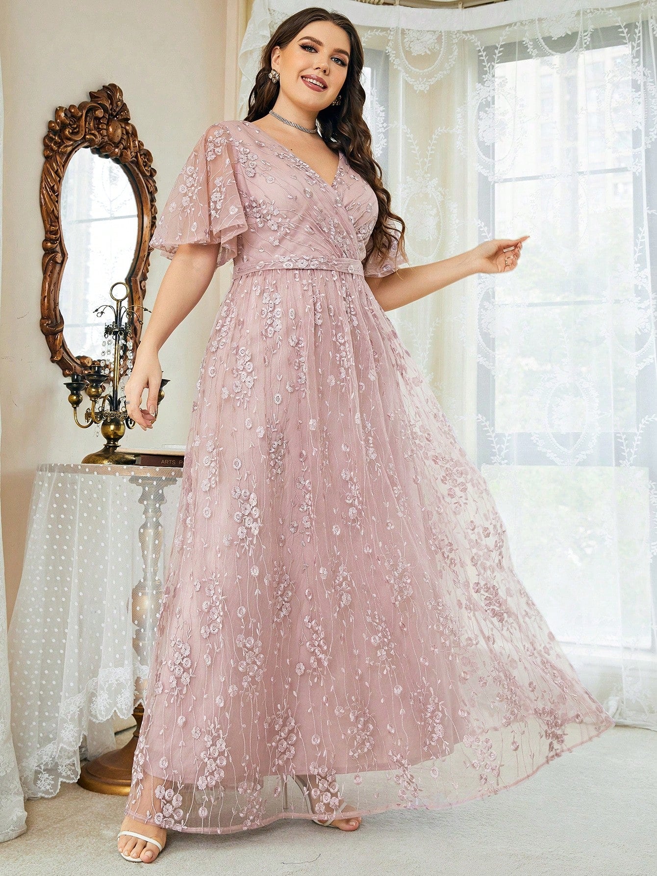 Plus Size Women's V-Neck Asymmetrical Crossed Large Flare Sleeve Embroidered Lace Maxi Formal Evening Dress Elegant Prom Wedding Guest Gown, For Graduation, Dinner Party Dress, For Valentine's Day Spring Pink