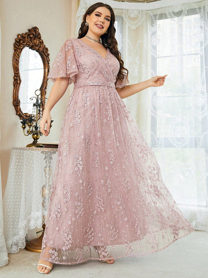 Plus Size Women's V-Neck Asymmetrical Crossed Large Flare Sleeve Embroidered Lace Maxi Formal Evening Dress Elegant Prom Wedding Guest Gown, For Graduation, Dinner Party Dress, For Valentine's Day Spring Pink