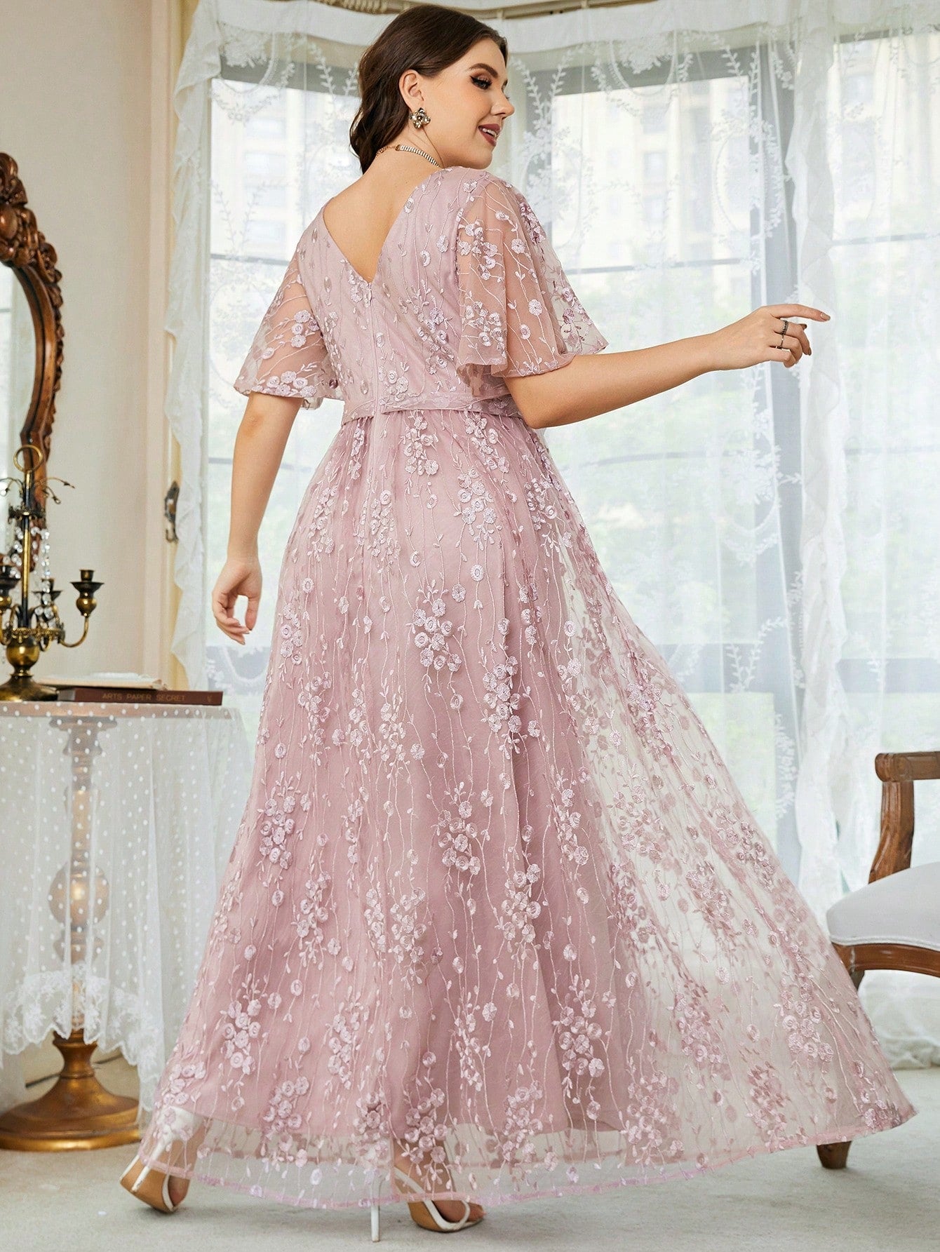 Plus Size Women's V-Neck Asymmetrical Crossed Large Flare Sleeve Embroidered Lace Maxi Formal Evening Dress Elegant Prom Wedding Guest Gown, For Graduation, Dinner Party Dress, For Valentine's Day Spring Pink