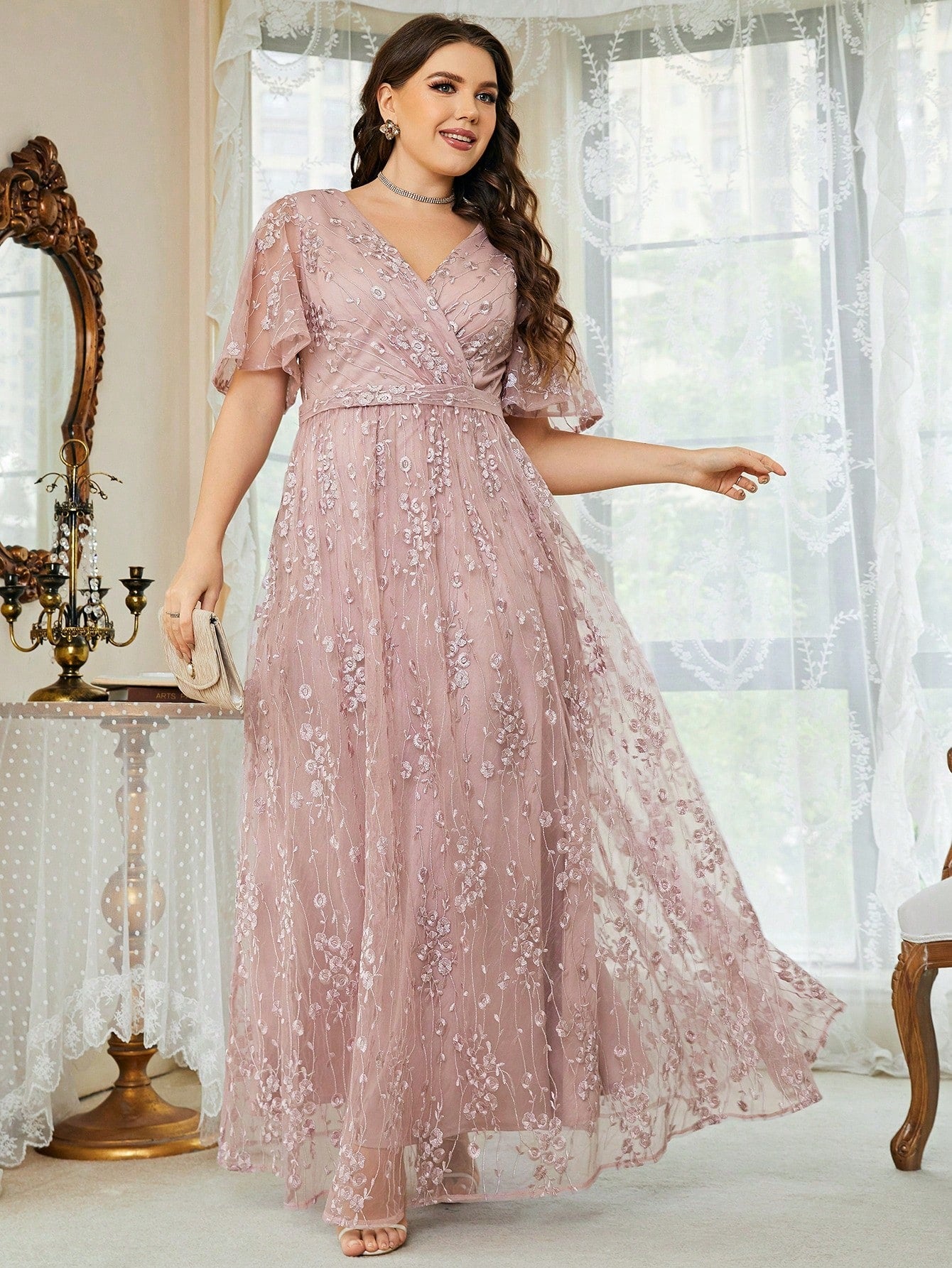 Plus Size Women's V-Neck Asymmetrical Crossed Large Flare Sleeve Embroidered Lace Maxi Formal Evening Dress Elegant Prom Wedding Guest Gown, For Graduation, Dinner Party Dress, For Valentine's Day Spring Pink
