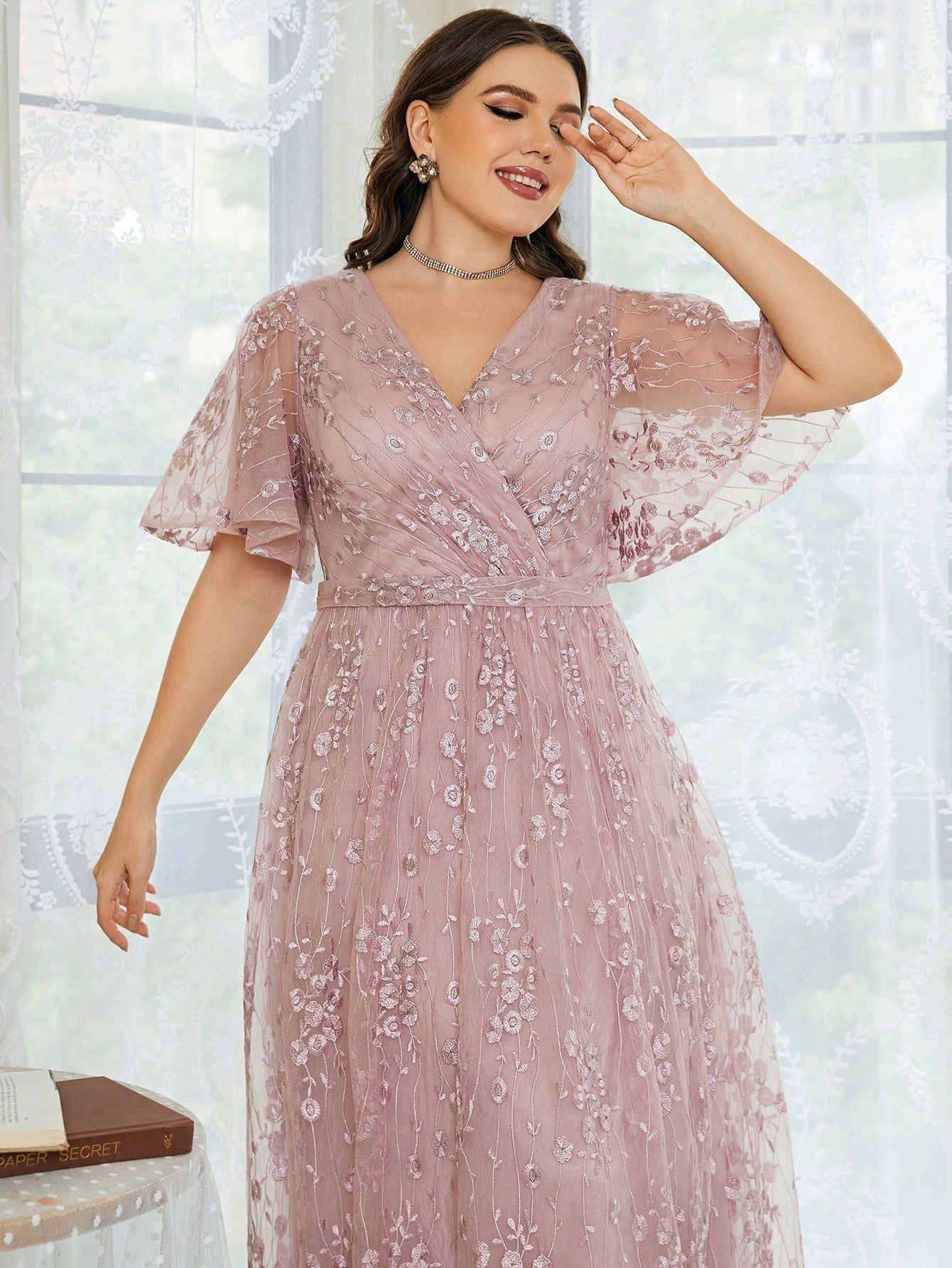 Plus Size Women's V-Neck Asymmetrical Crossed Large Flare Sleeve Embroidered Lace Maxi Formal Evening Dress Elegant Prom Wedding Guest Gown, For Graduation, Dinner Party Dress, For Valentine's Day Spring Pink