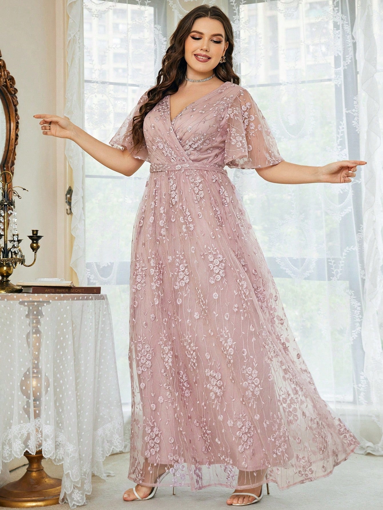Plus Size Women's V-Neck Asymmetrical Crossed Large Flare Sleeve Embroidered Lace Maxi Formal Evening Dress Elegant Prom Wedding Guest Gown, For Graduation, Dinner Party Dress, For Valentine's Day Spring Pink