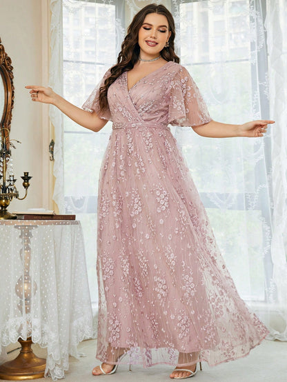 Plus Size Women's V-Neck Asymmetrical Crossed Large Flare Sleeve Embroidered Lace Maxi Formal Evening Dress Elegant Prom Wedding Guest Gown, For Graduation, Dinner Party Dress, For Valentine's Day Spring Pink