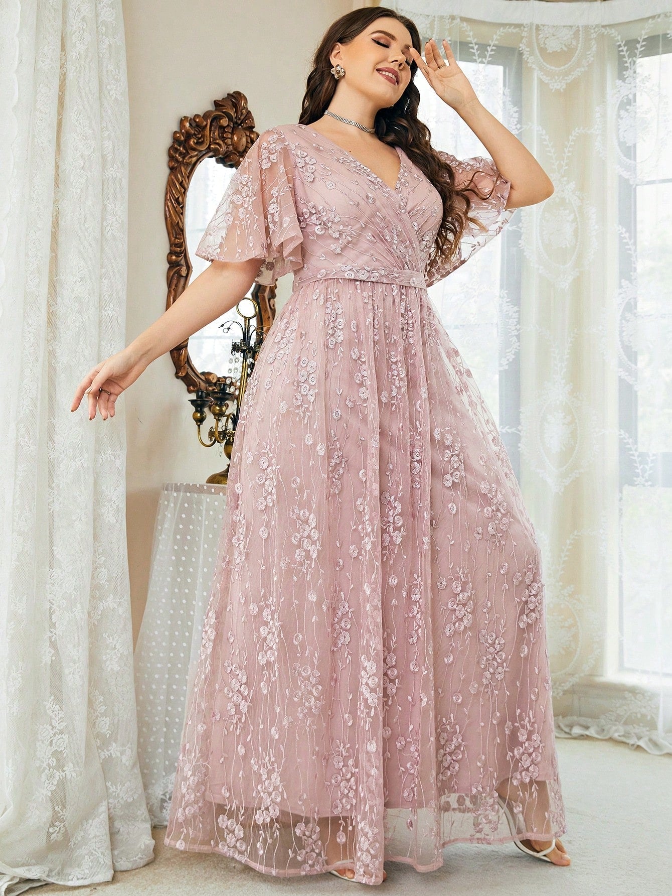 Plus Size Women's V-Neck Asymmetrical Crossed Large Flare Sleeve Embroidered Lace Maxi Formal Evening Dress Elegant Prom Wedding Guest Gown, For Graduation, Dinner Party Dress, For Valentine's Day Spring Pink