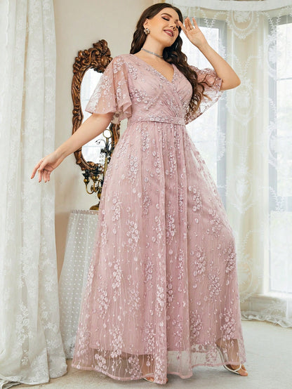 Plus Size Women's V-Neck Asymmetrical Crossed Large Flare Sleeve Embroidered Lace Maxi Formal Evening Dress Elegant Prom Wedding Guest Gown, For Graduation, Dinner Party Dress, For Valentine's Day Spring Pink