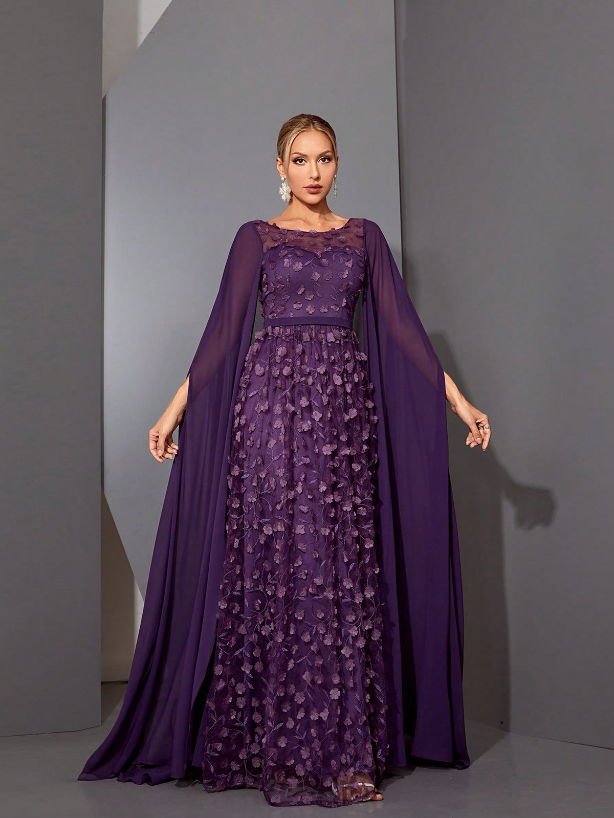 Round Neck See-Through 3D Embroidered Lace Cape With Chiffon Sleeves, High-End Evening Dress Elegant Prom Semi Formal Wedding Guest Dress, For Birthday, Graduation, Homecoming