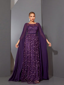 Round Neck See-Through 3D Embroidered Lace Cape With Chiffon Sleeves, High-End Evening Dress Elegant Prom Semi Formal Wedding Guest Dress, For Birthday, Graduation, Homecoming