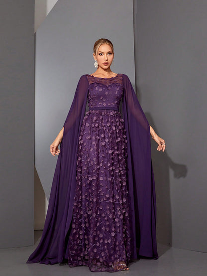Round Neck See-Through 3D Embroidered Lace Cape With Chiffon Sleeves, High-End Evening Dress Elegant Prom Semi Formal Wedding Guest Dress, For Birthday, Graduation, Homecoming