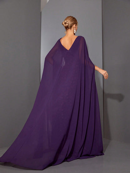 Round Neck See-Through 3D Embroidered Lace Cape With Chiffon Sleeves, High-End Evening Dress Elegant Prom Semi Formal Wedding Guest Dress, For Birthday, Graduation, Homecoming