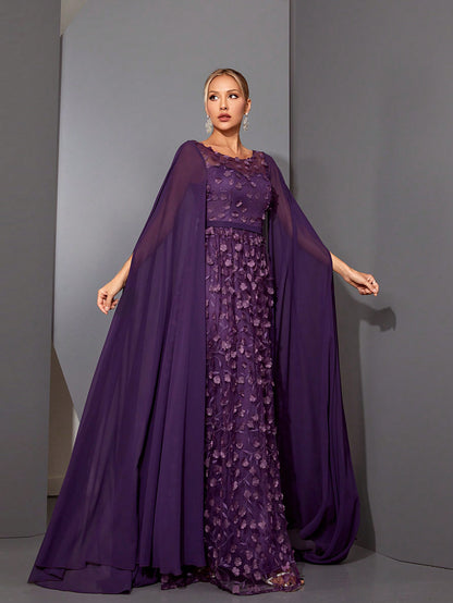 Round Neck See-Through 3D Embroidered Lace Cape With Chiffon Sleeves, High-End Evening Dress Elegant Prom Semi Formal Wedding Guest Dress, For Birthday, Graduation, Homecoming