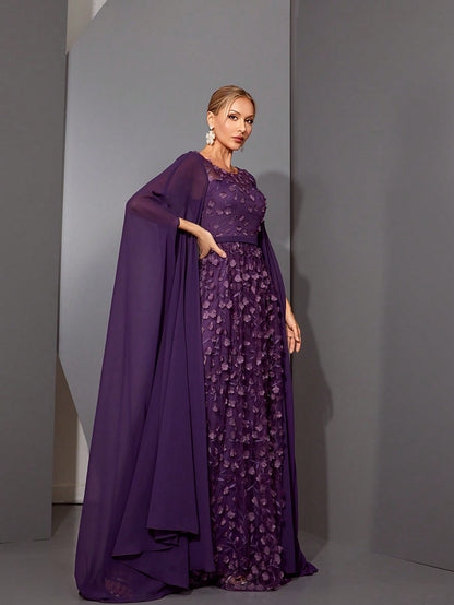Round Neck See-Through 3D Embroidered Lace Cape With Chiffon Sleeves, High-End Evening Dress Elegant Prom Semi Formal Wedding Guest Dress, For Birthday, Graduation, Homecoming