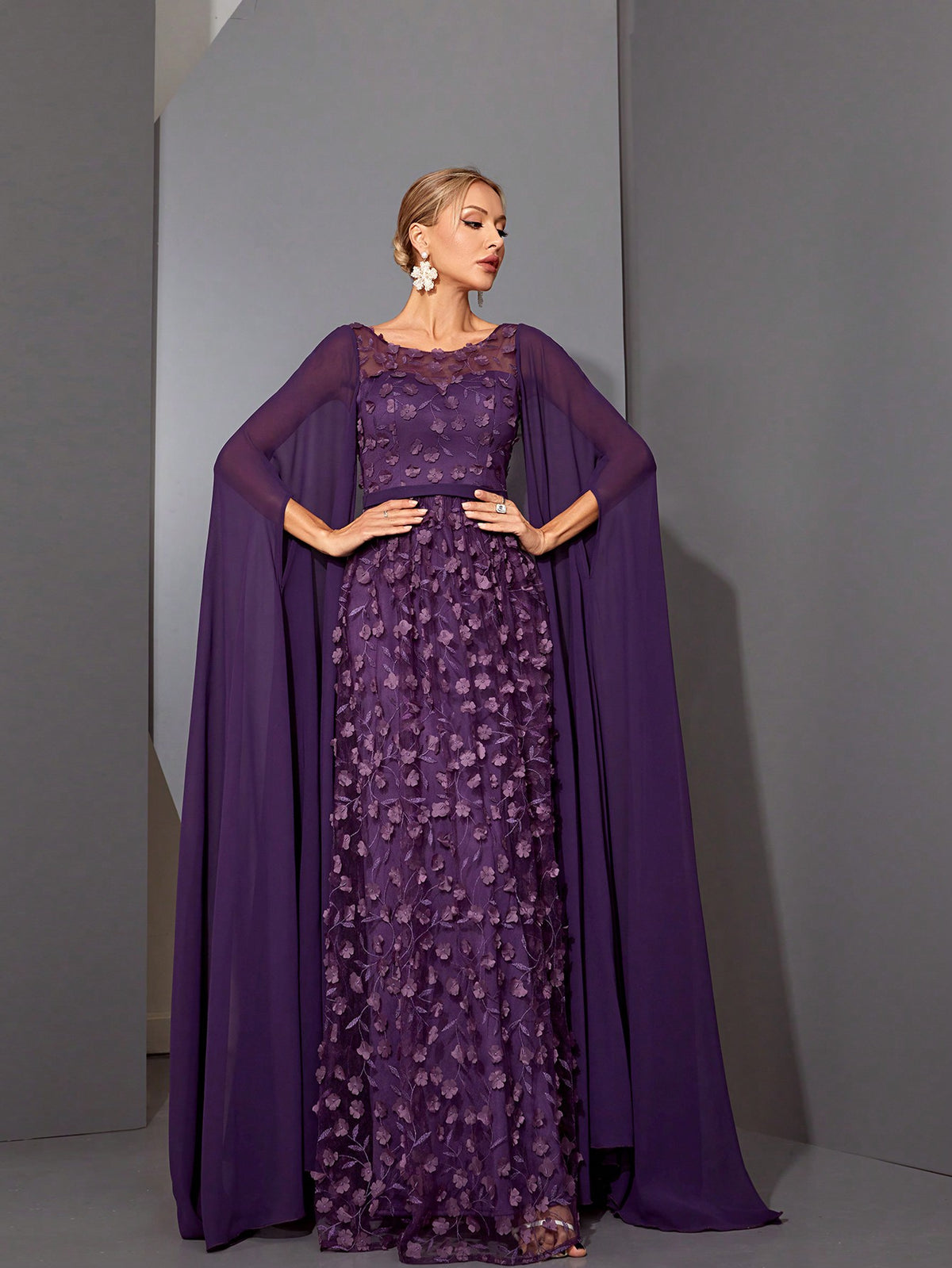 Round Neck See-Through 3D Embroidered Lace Cape With Chiffon Sleeves, High-End Evening Dress Elegant Prom Semi Formal Wedding Guest Dress, For Birthday, Graduation, Homecoming
