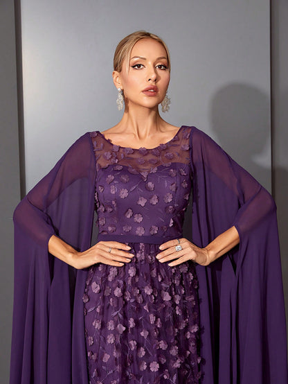 Round Neck See-Through 3D Embroidered Lace Cape With Chiffon Sleeves, High-End Evening Dress Elegant Prom Semi Formal Wedding Guest Dress, For Birthday, Graduation, Homecoming