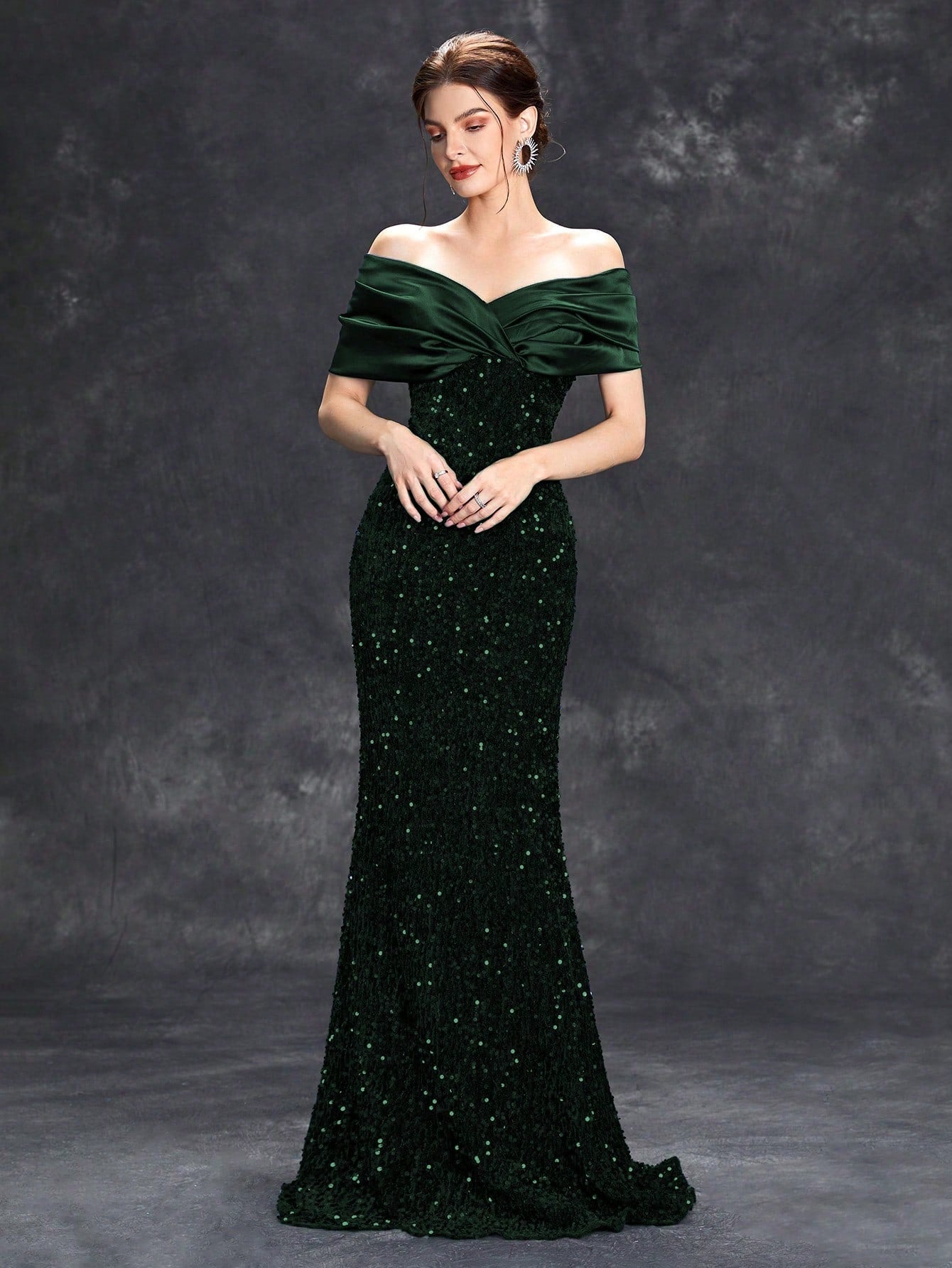 Sequin Patchwork Off Shoulder Formal Dress, Mermaid Style Elegant Evening Gown, Suitable For Weddings, Graduations, Galas And Other Formal Occasions