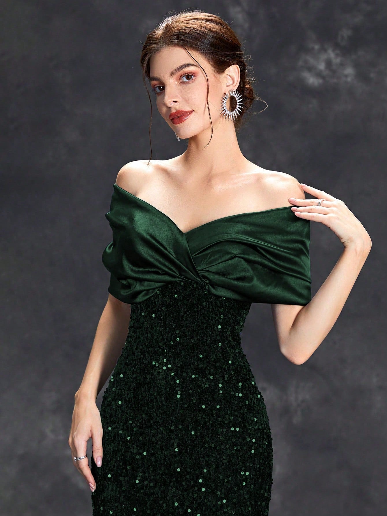 Sequin Patchwork Off Shoulder Formal Dress, Mermaid Style Elegant Evening Gown, Suitable For Weddings, Graduations, Galas And Other Formal Occasions