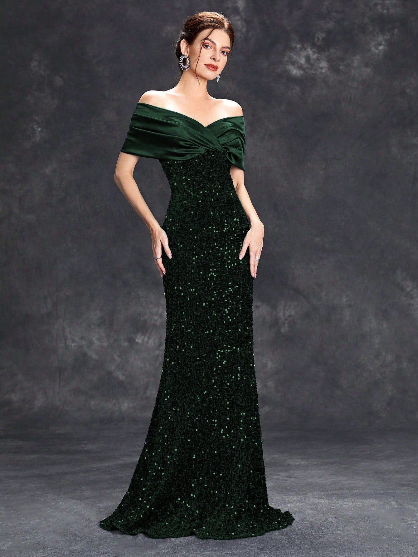 Sequin Patchwork Off Shoulder Formal Dress, Mermaid Style Elegant Evening Gown, Suitable For Weddings, Graduations, Galas And Other Formal Occasions