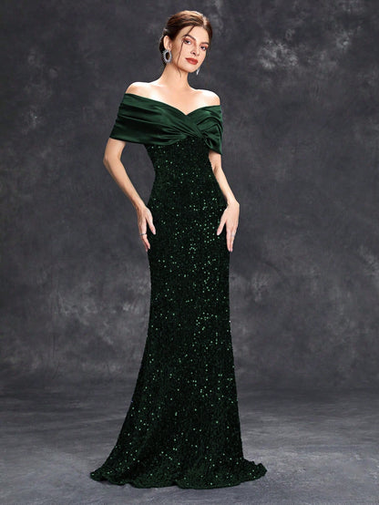 Sequin Patchwork Off Shoulder Formal Dress, Mermaid Style Elegant Evening Gown, Suitable For Weddings, Graduations, Galas And Other Formal Occasions