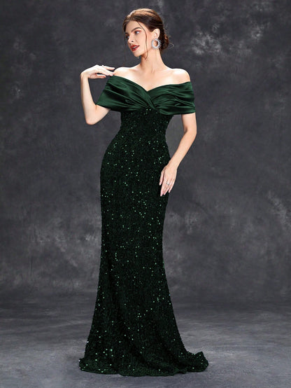 Sequin Patchwork Off Shoulder Formal Dress, Mermaid Style Elegant Evening Gown, Suitable For Weddings, Graduations, Galas And Other Formal Occasions