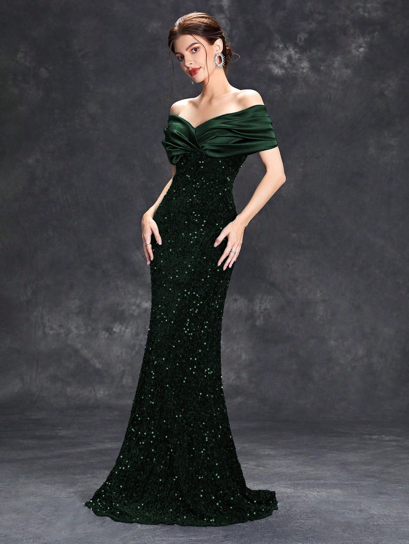 Sequin Patchwork Off Shoulder Formal Dress, Mermaid Style Elegant Evening Gown, Suitable For Weddings, Graduations, Galas And Other Formal Occasions
